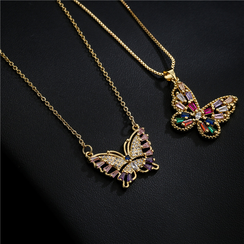 Cross-border new product copper micro-inlaid colored zirconium butterfly pendant necklace