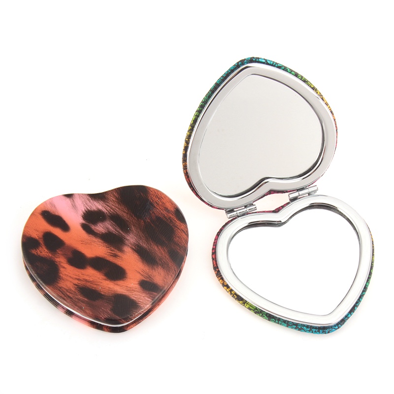 心形粉色豹纹皮可定制特殊皮料随身镜小镜子化妆镜