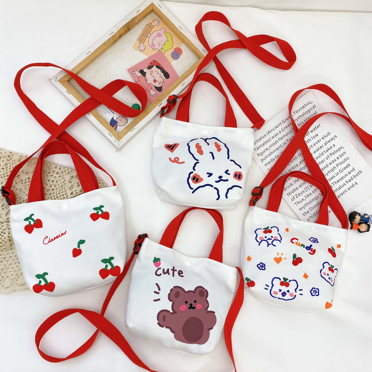 Printed canvas children's handbag, cute cartoon illustration shopping bag, girls' crossbody small bag, opening gift