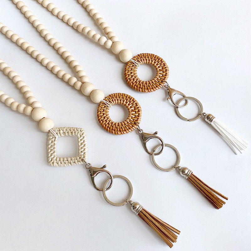 木珠手工藤编皮绒流苏编织挂绳钥匙扣长项链多功能欧美跨境批发