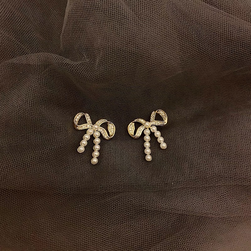 S925 Silver Needle Light Luxury Small Bow Pearl rhinestone Earrings 2021 New Style Trendy Korean Internet celebrity style stud earrings details Picture