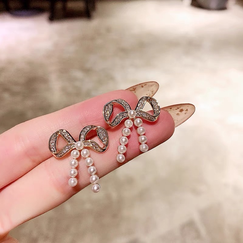 S925 Silver Needle Light Luxury Small Bow Pearl rhinestone Earrings 2021 New Style Trendy Korean Internet celebrity style stud earrings Item Picture
