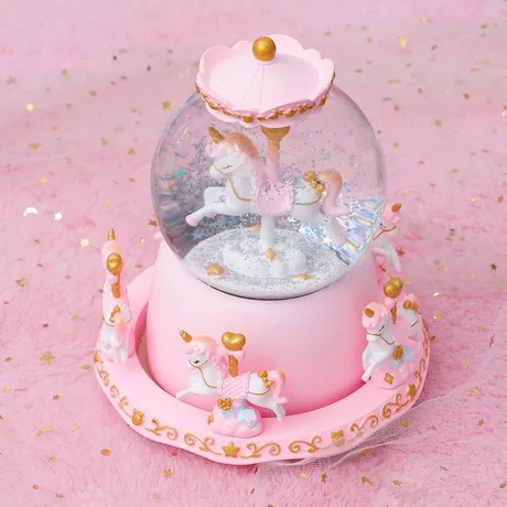 Carousel music box Crystal Ball music box Glass resin home decor Creative decor Boutique gift Oversized carousel music voice-activated automatic snow pink