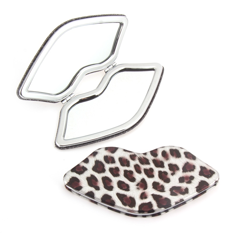 嘴唇形银色豹纹皮可定制特殊皮料随身镜小镜子化妆镜