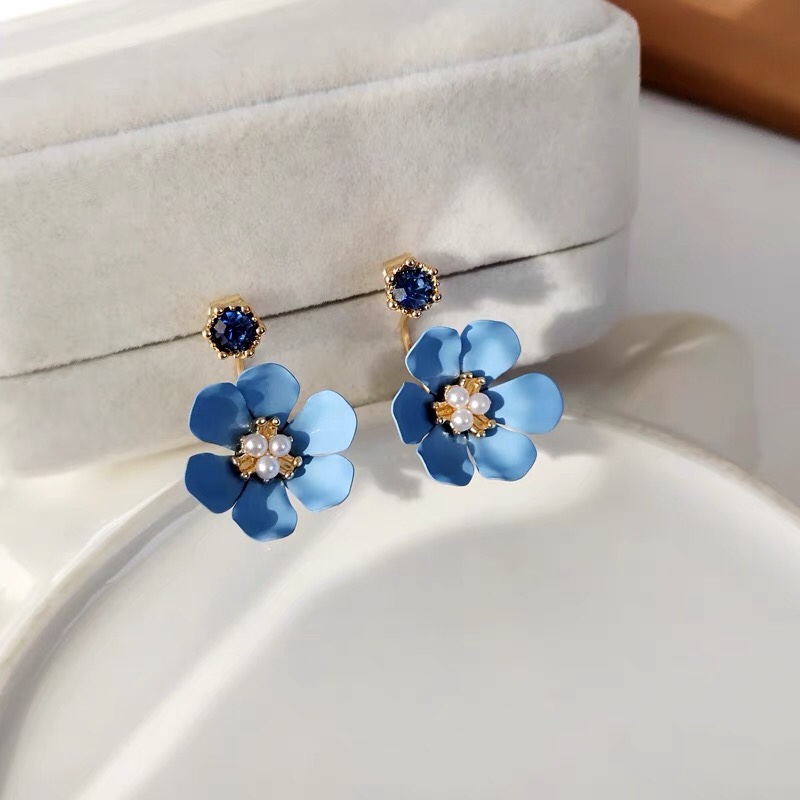 S925银针日韩小清新蓝色花朵后挂式耳钉网红一款两戴耳饰女2698