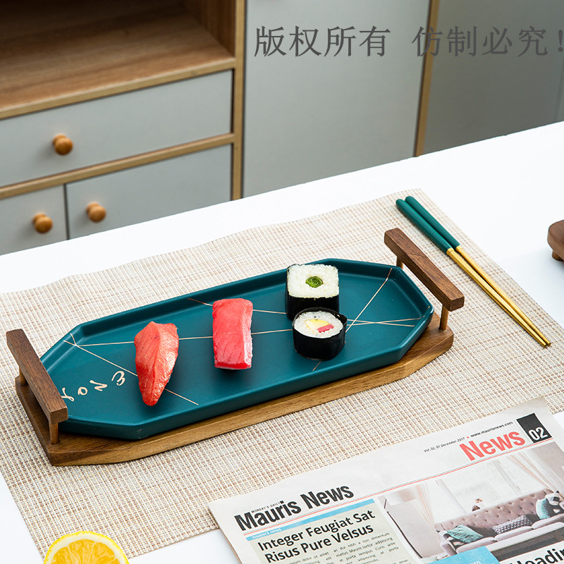 陶瓷简约金线绿色六角盘