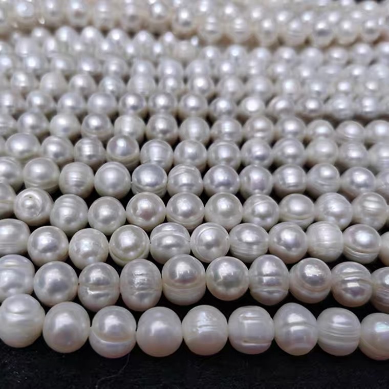 9-10mm珍珠项链天然淡水螺纹近圆白色珍珠半成品手工diy散珠详情图1