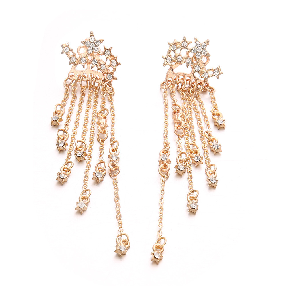 A pair of diamond-encrusted star tassel chain back-hanging earrings from Europe and America detail image 3