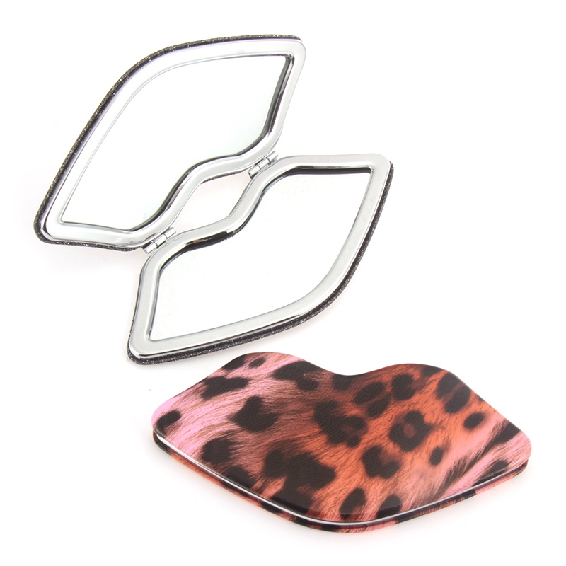 粉色豹纹嘴唇形随身镜小镜子