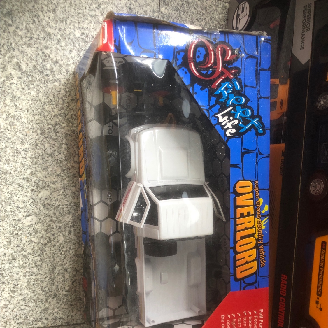 The remote-controlled toy car is white