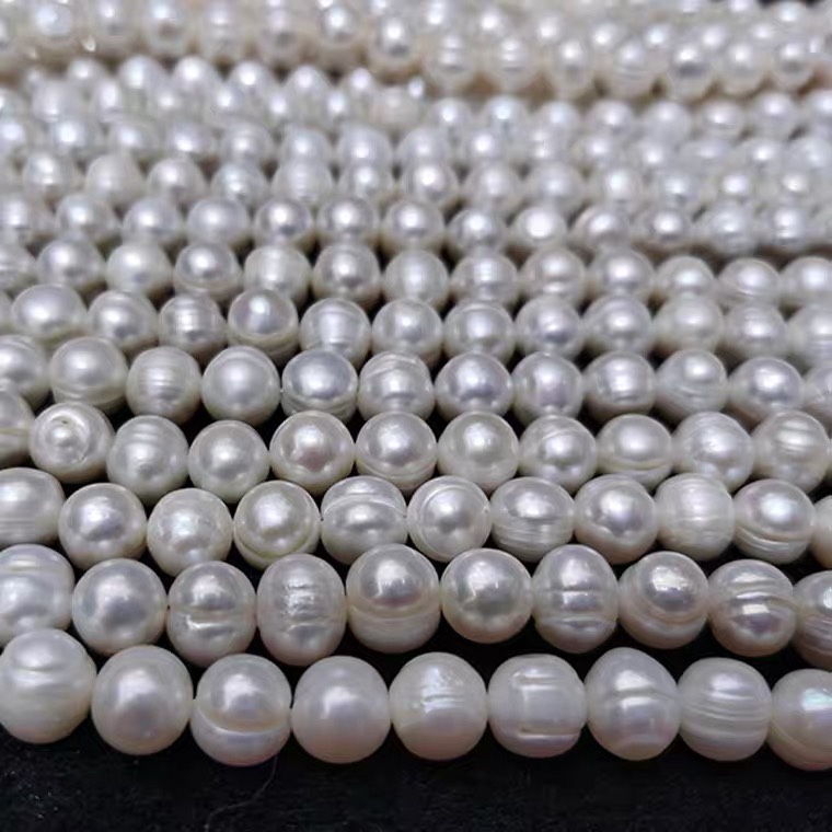 9-10mm珍珠项链天然淡水螺纹近圆白色珍珠半成品手工diy散珠图