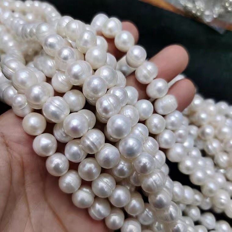 9-10mm珍珠项链天然淡水螺纹近圆白色珍珠半成品手工diy散珠产品图