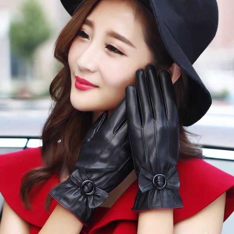 Women's PU touch screen gloves with bow button