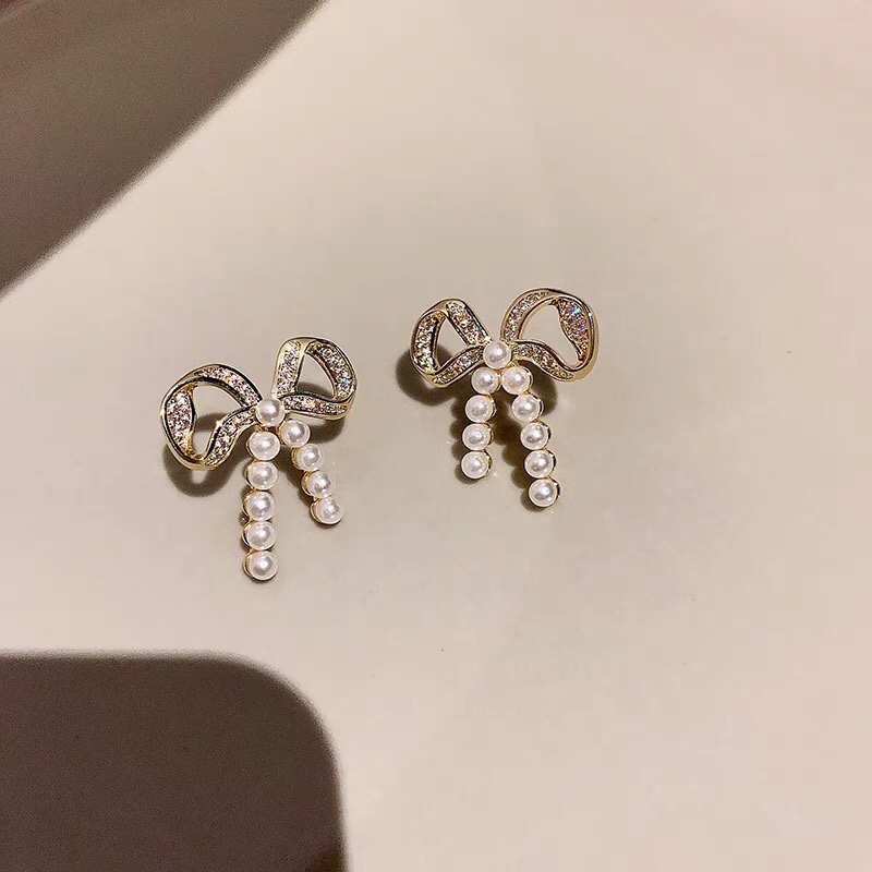 S925 Silver Needle Light Luxury Small Bow Pearl rhinestone Earrings 2021 New Style Trendy Korean Internet celebrity style stud earrings