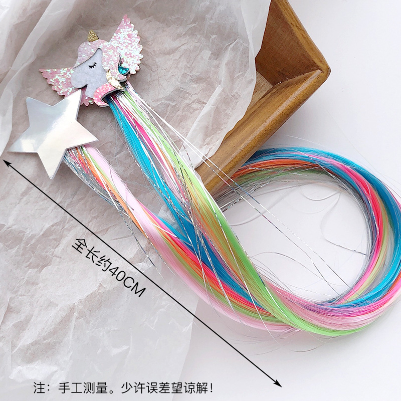 Wholesale of export color wigs, braids, hair clips, children's unicorn hair clips, bows, cartoon hair clips and hair accessories