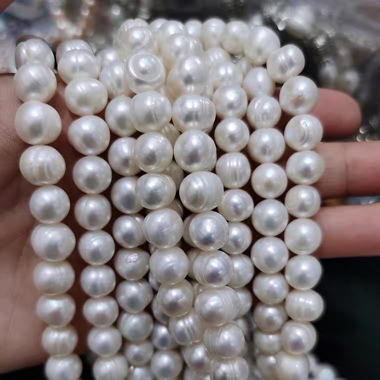 9-10mm珍珠项链天然淡水螺纹近圆白色珍珠半成品手工diy散珠细节图