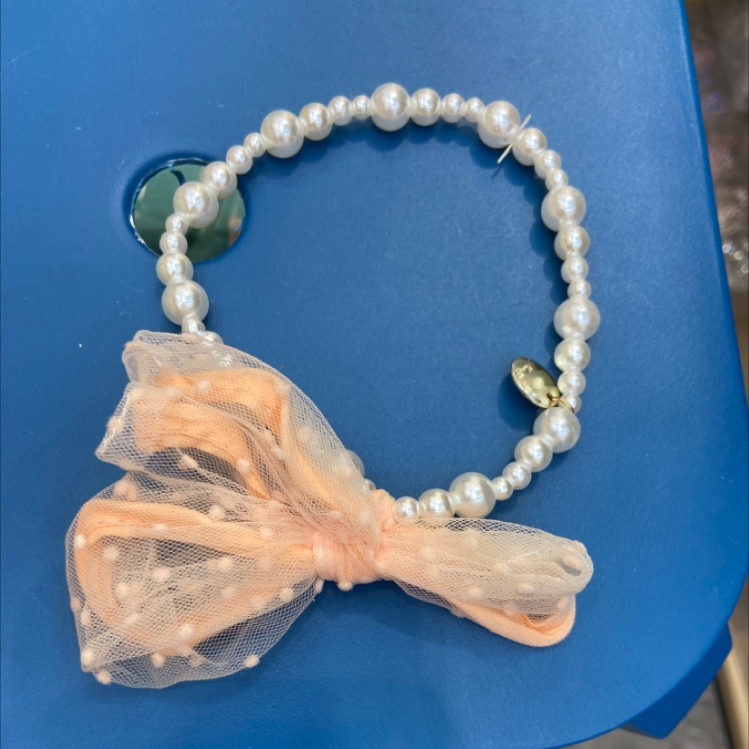 粉点网纱蝴蝶结珍珠发绳