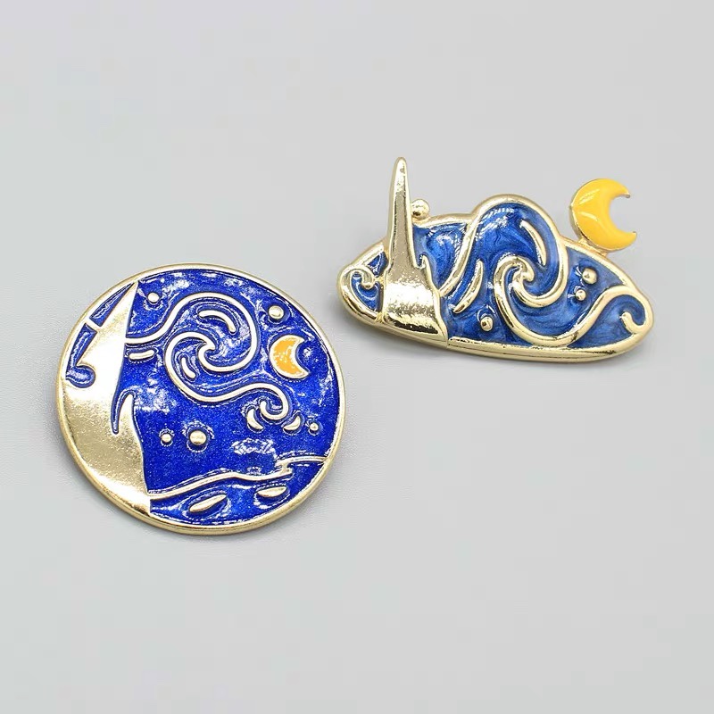 欧美复古精灵星月徽章太阳神圆形滴油胸针胸花服装配饰