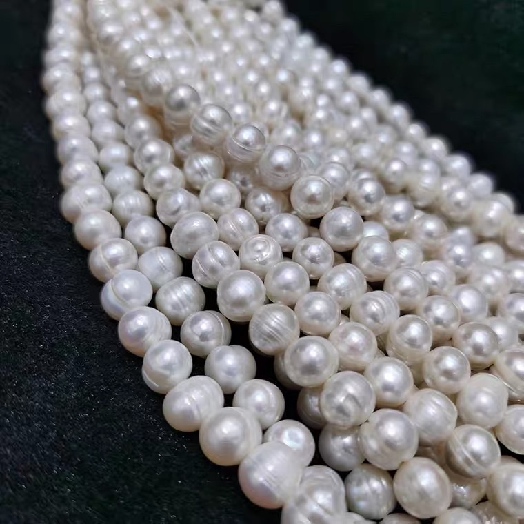 9-10mm珍珠项链天然淡水螺纹近圆白色珍珠半成品手工diy散珠白底实物图