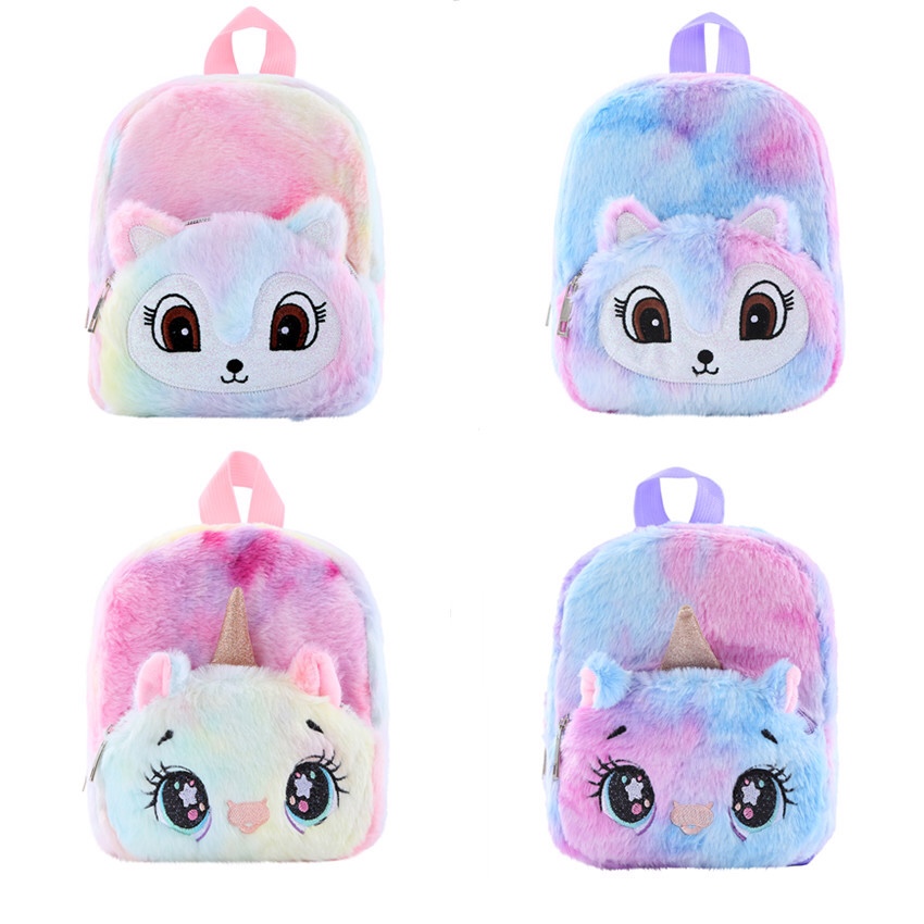 Spot cute cartoon plush backpack unicorn fox plush schoolbag girls casual backpack plush backpack