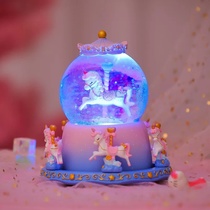 Carousel music box Crystal ball music box Glass resin home decor Creative decor Boutique gift Oversized carousel music voice-activated automatic snow blue powder