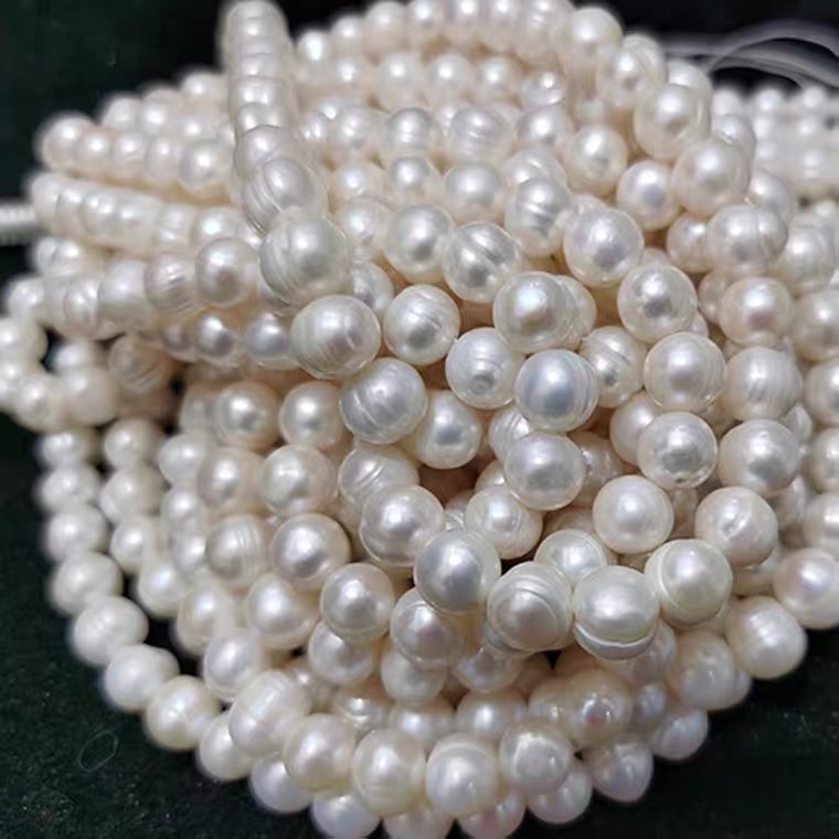 9-10mm珍珠项链天然淡水螺纹近圆白色珍珠半成品手工diy散珠详情图4