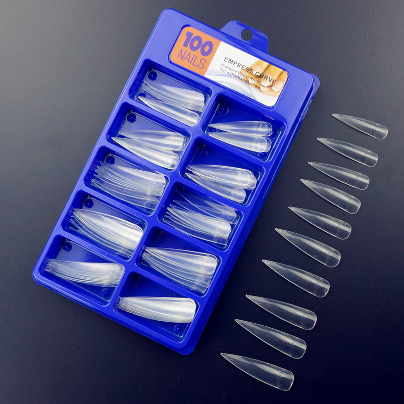 Nail tips, pointed semi-attached nail tips, large pointed nails, transparent and natural in two colors, available in a box set of 100 pieces