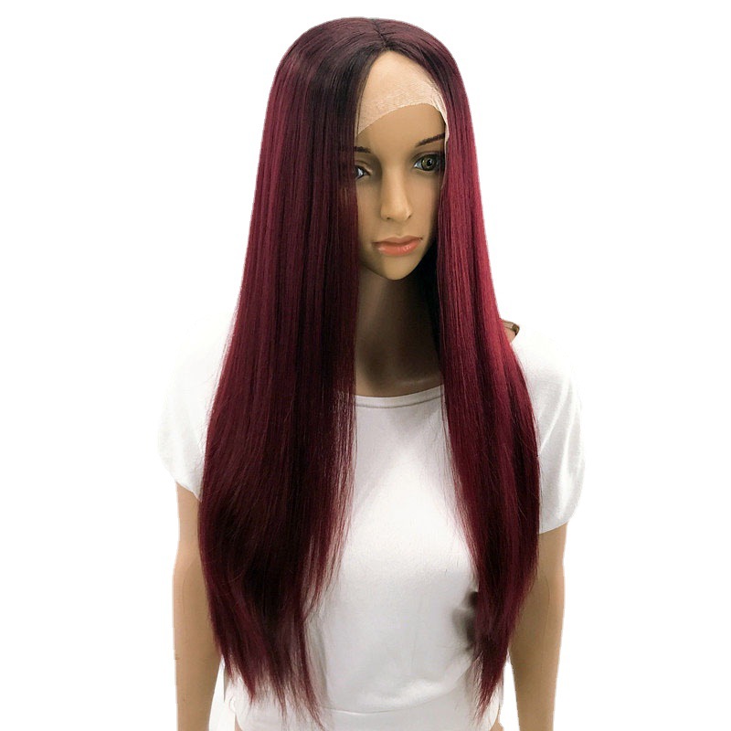 The lady's long straight false hair is red