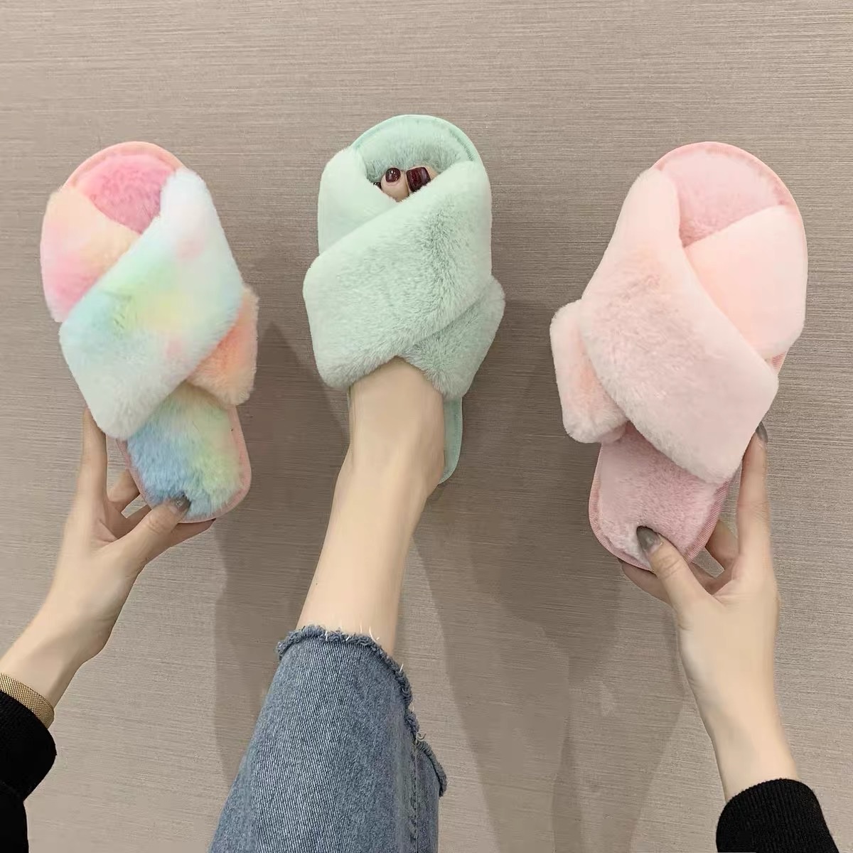 Rainbow Fur Slippers for women's Instagram autumn and winter new style popular home cross cotton slippers, indoor anti-slip detail image 1