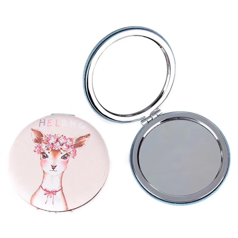 70圆形pu镜动物图案可随身携带定制图案随身镜化妆镜鸿鑫工艺化妆镜折叠镜对开镜双面小镜子
