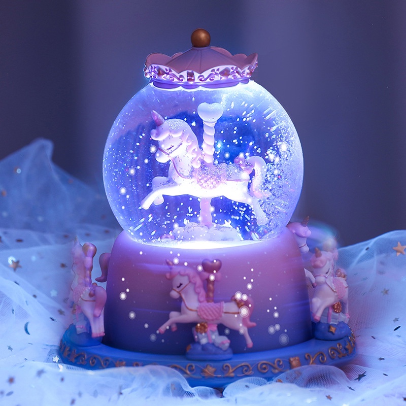 Carousel music box Crystal Ball music box Glass resin home decor Creative decor Boutique gift Oversized carousel music voice-activated automatic snow powder blue