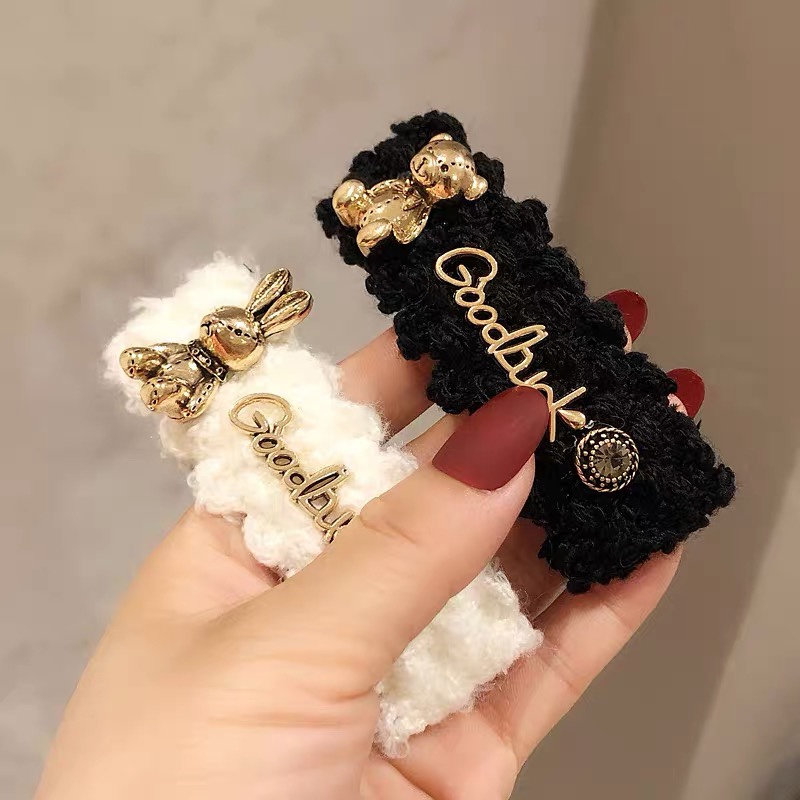 Korean version of the new small sweet knitting wool heavy industry rabbit side clip BB clip metal bear rabbit fringe clip side clip thumbnail