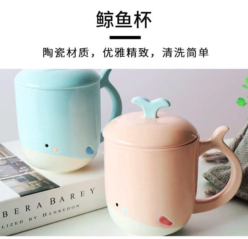Korean cartoon ceramic cups, creative hand-painted whale mugs, large-capacity cute student water cups, couple cups detail image 2