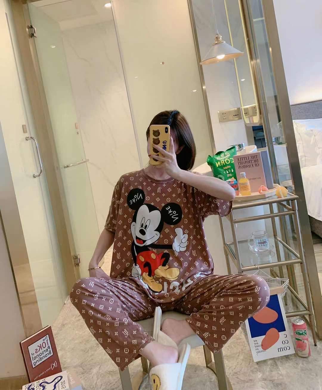 Cartoon cute pajama women's new multi-flower summer fashion two-piece set short-sleeved and long pants pure cotton thin, cute and loose home wear detail image 9