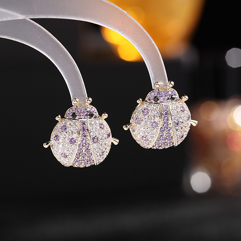 Cross-border European and American fashion, individual and high-end style earrings, colorful zircon earrings, golden heavy metal beetle insect stud earrings detail image 3