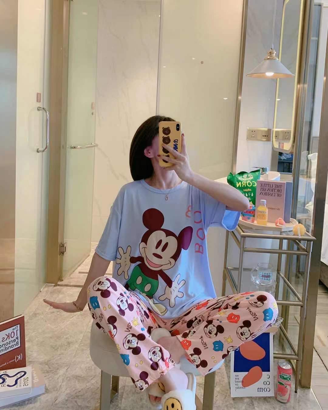 Cartoon cute pajama women's new multi-flower summer fashion two-piece set short-sleeved and long pants pure cotton thin, cute and loose home wear detail image 10