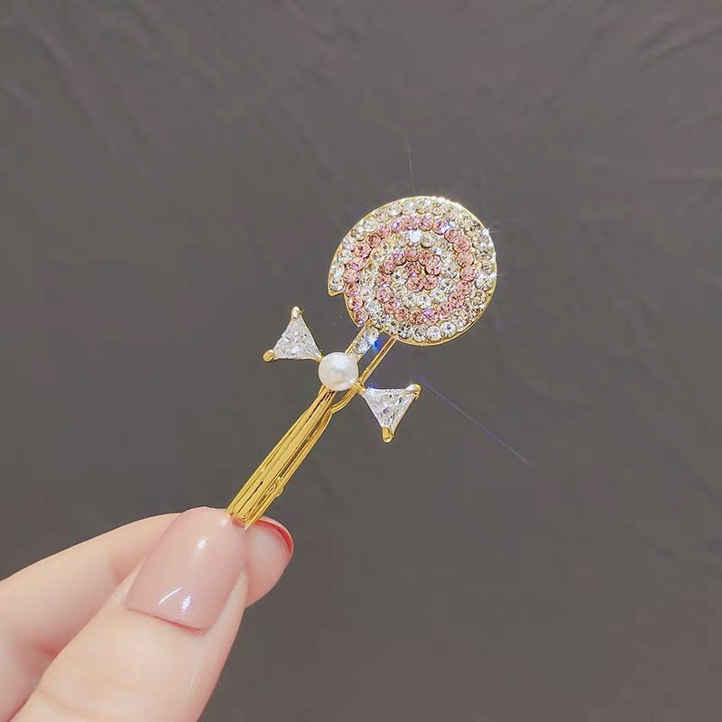 网红棒棒糖发夹边夹少女甜美气质水钻发饰简约珍珠刘海夹子头饰品