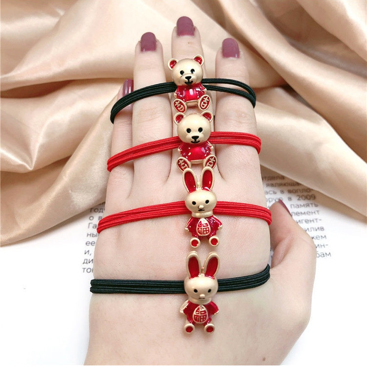 New Year red auspicious auspicious bear rabbit hair rope, rubber band two colors, arbitrary collocation, playful and cute thumbnail