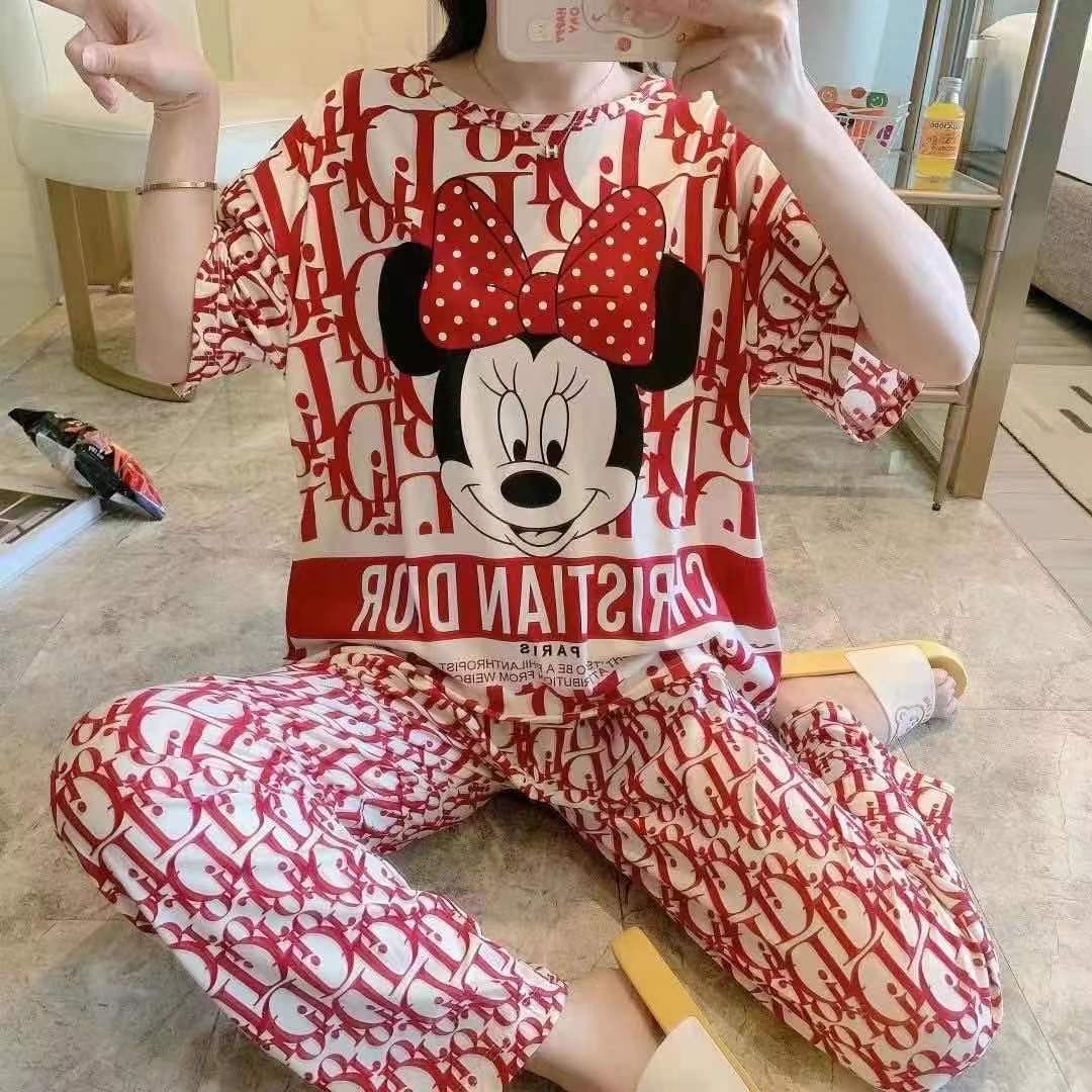 Cartoon cute pajama women's new multi-flower summer fashion two-piece set short-sleeved and long pants pure cotton thin, cute and loose home wear detail image 17