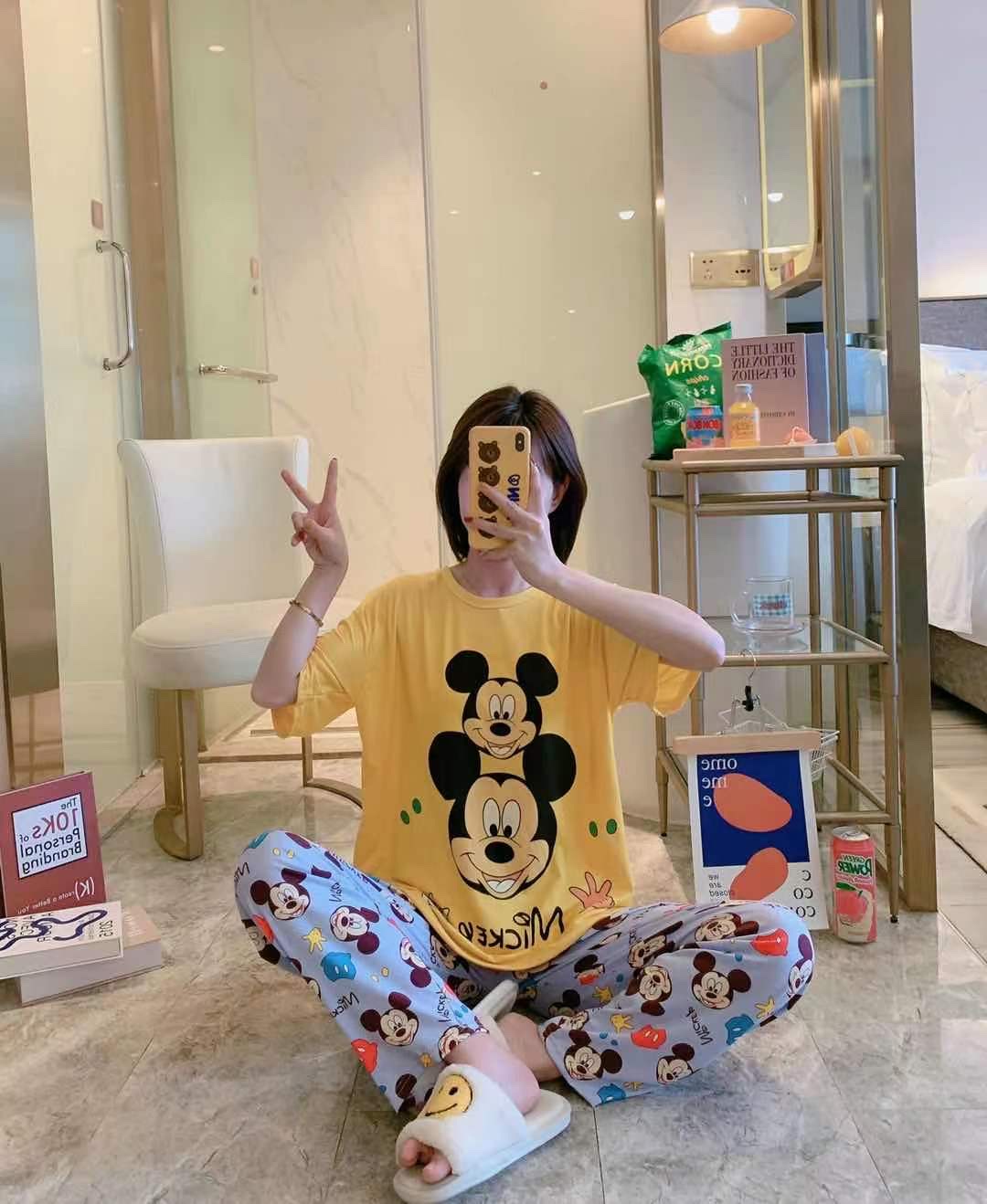 Cartoon cute pajama women's new multi-flower summer fashion two-piece set short-sleeved and long pants pure cotton thin, cute and loose home wear detail image 11
