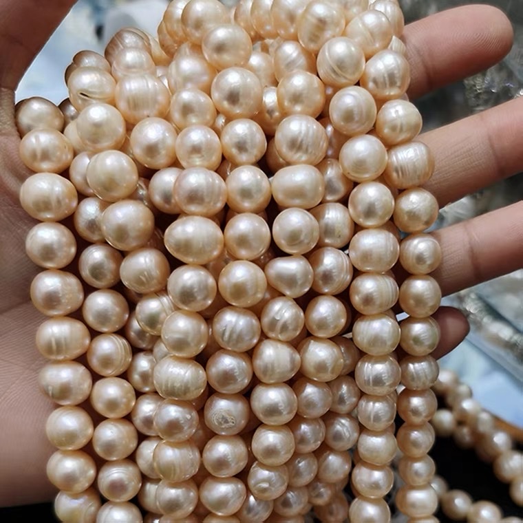 9-10mm淡水珍珠项链天然强光近圆粉色珍珠半成品散珠diy手工详情图1
