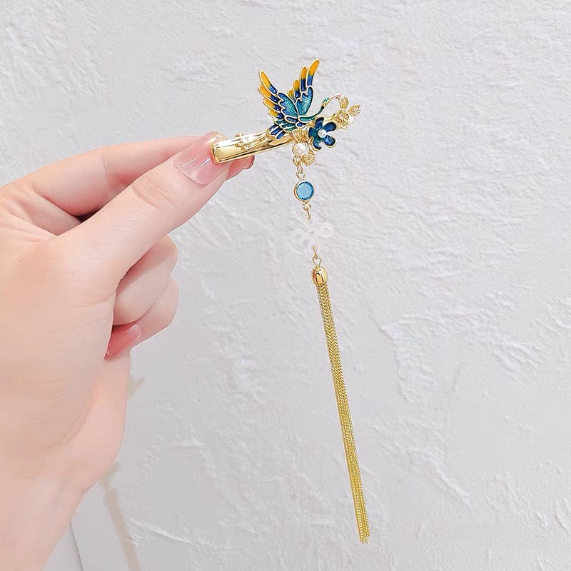 Original design Hanfu accessories Antique hair clip to clip temperament retro crane side clip fringe flower hair accessories female