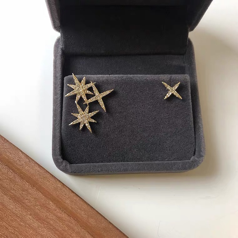 超闪亮眼锆石耳钉925银针简约百搭不对称星星耳环女2021新款
