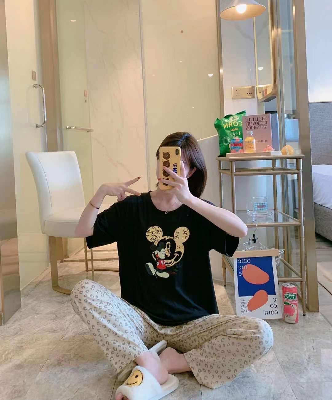 Cartoon cute pajama women's new multi-flower summer fashion two-piece set short-sleeved and long pants pure cotton thin, cute and loose home wear detail image 6