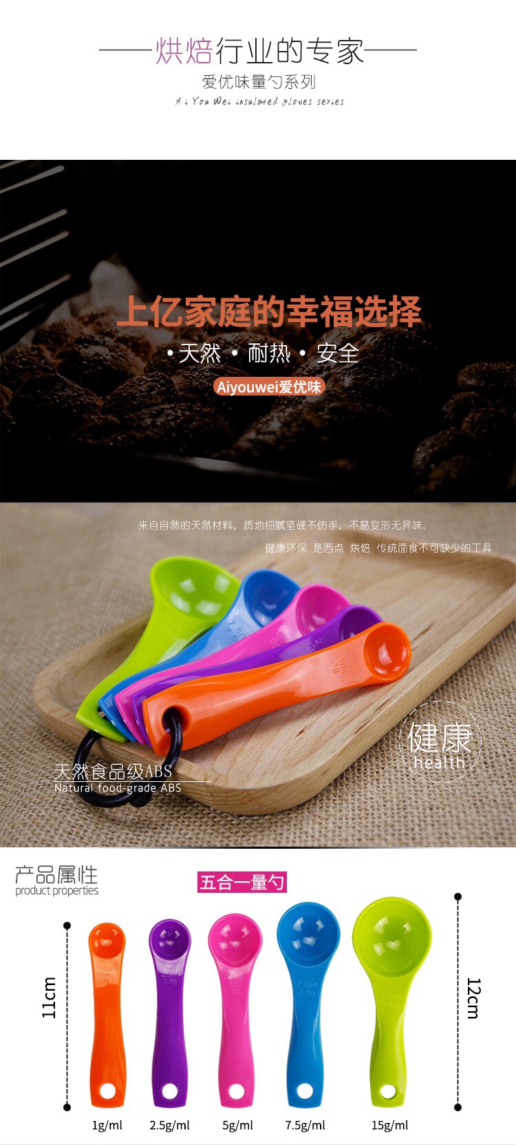 厨房用品 5件套五彩量匙套装  组合量匙 烘焙工具  带刻度量匙详情2