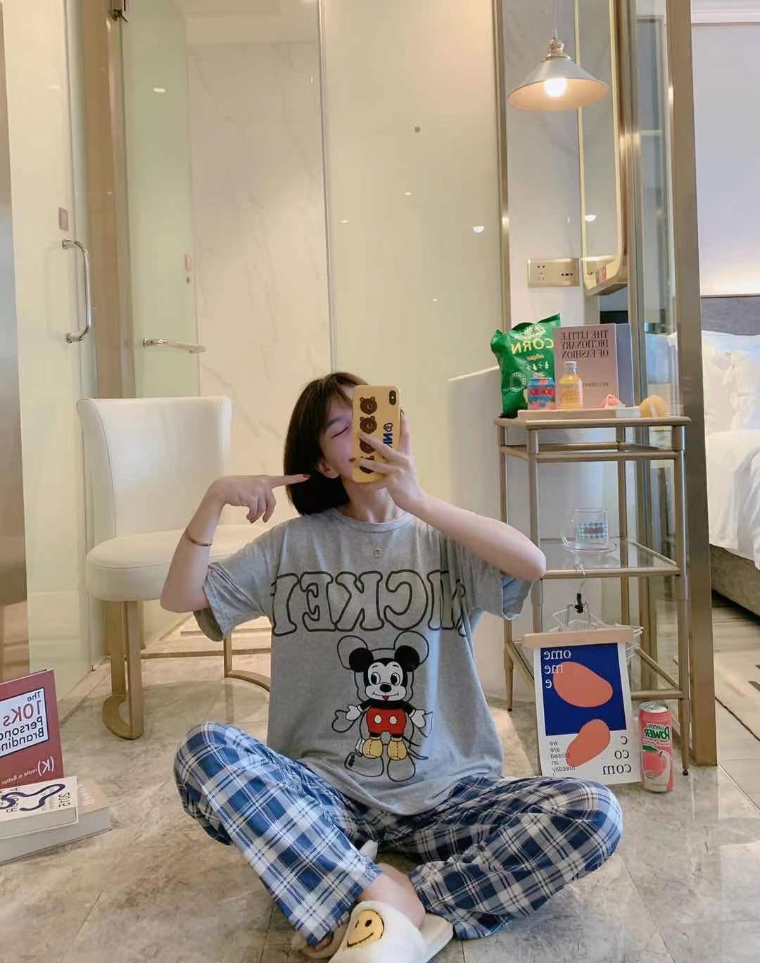 Cartoon cute pajama women's new multi-flower summer fashion two-piece set short-sleeved and long pants pure cotton thin, cute and loose home wear detail image 13