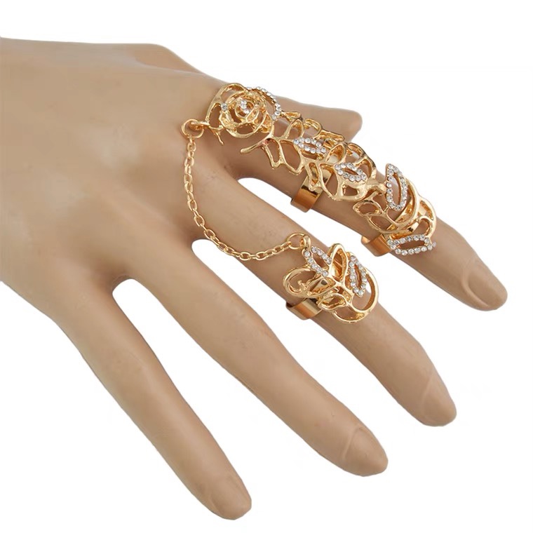 欧美时尚潮流经典时尚戒指镂空镌刻镶钻合金银手指链欧美一体链手背链配饰品图