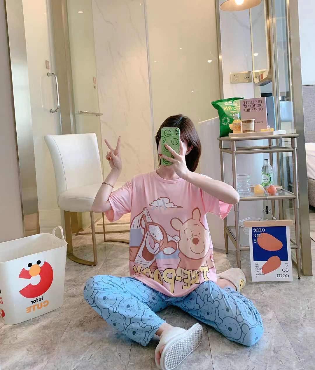 Cartoon cute pajama women's new multi-flower summer fashion two-piece set short-sleeved and long pants pure cotton thin, cute and loose home wear Specification image