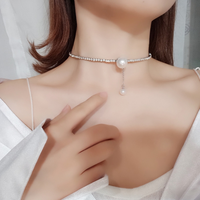 韩版珍珠项链女锁骨链项圈满钻珍珠链子项链配饰开口choker颈带