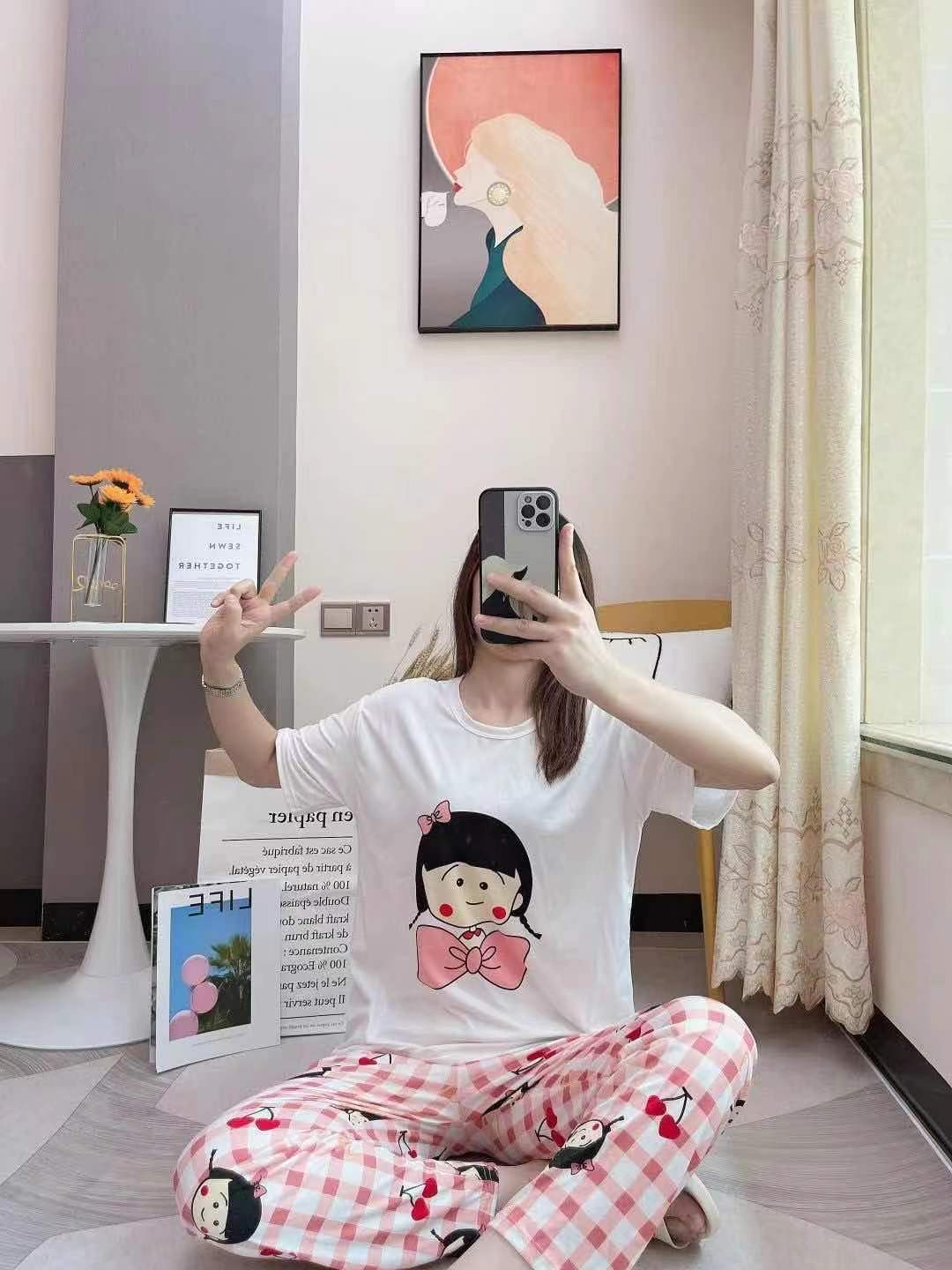 Cartoon cute pajama women's new multi-flower summer fashion two-piece set short-sleeved and long pants pure cotton thin, cute and loose home wear detail image 20